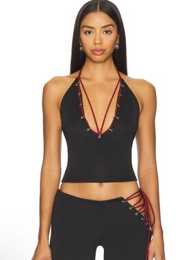 I.AM.GIA Onyx Black Halter Lace-Up Crop Top with Burgundy Trim